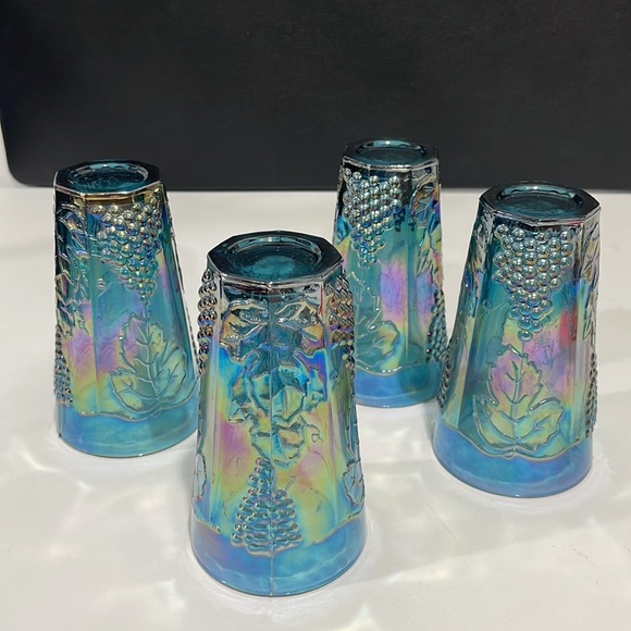 Indiana Glass Iridescent Blue Carnival Harvest Grape Tumblers Vintage Set of 4 - Picture 9 of 14